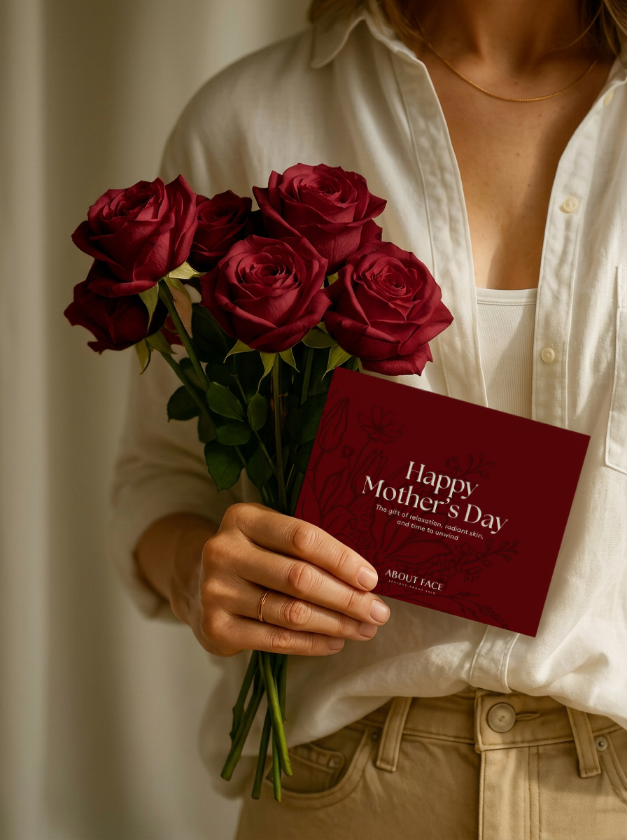 About Face Mother’s Day campaign card with red roses