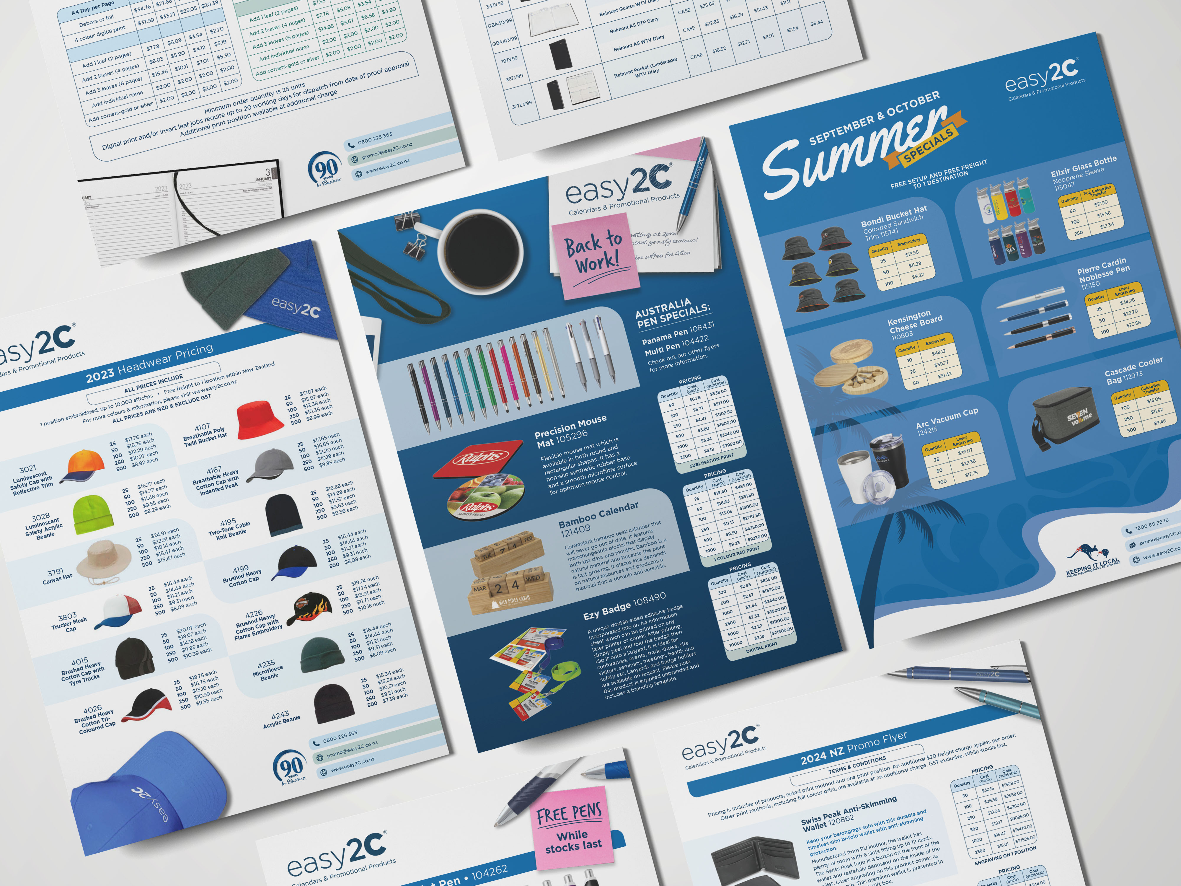Easy2C printed promotional collateral arranged on a white surface