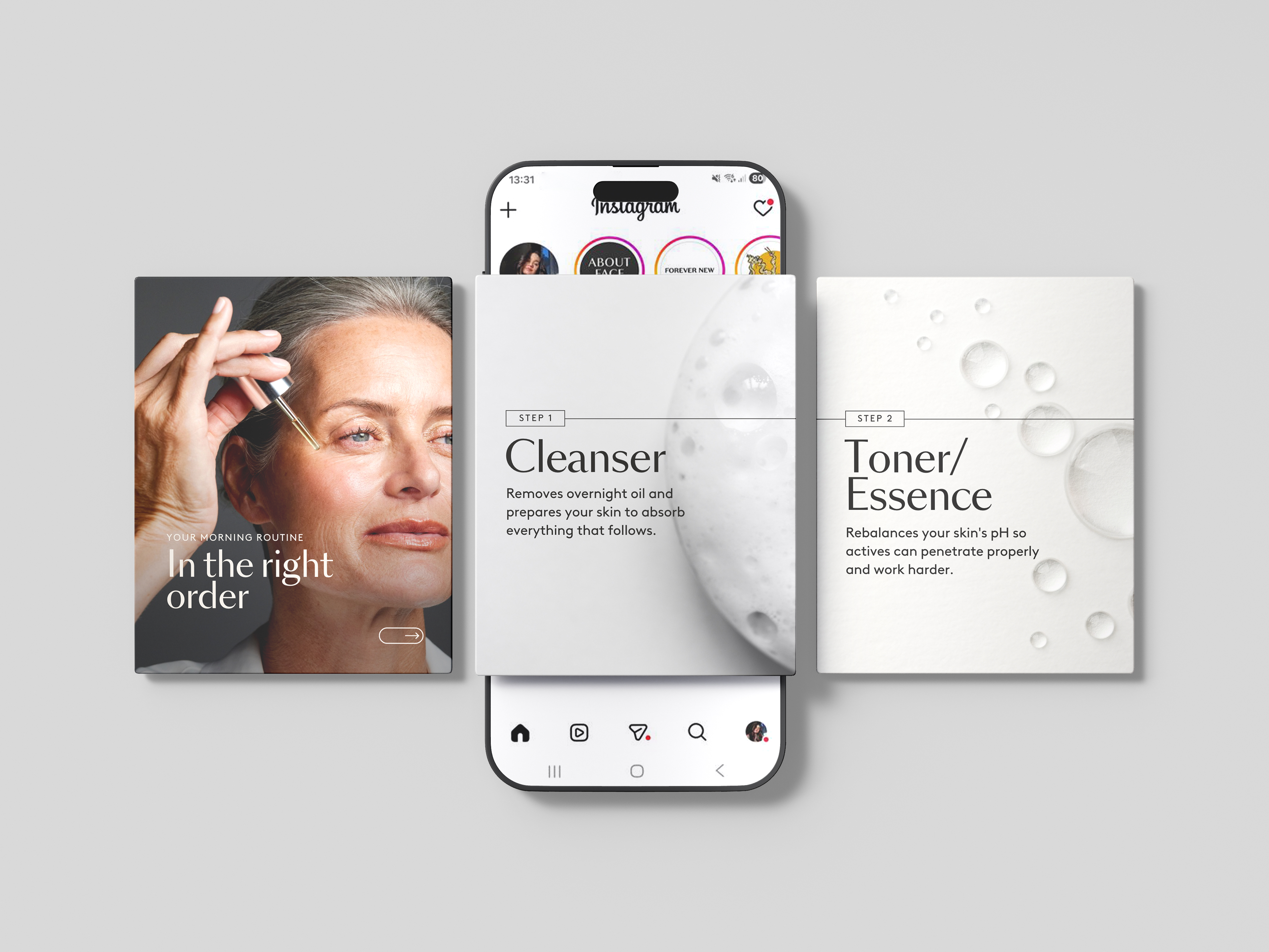 About Face skincare social-media carousel displayed across an Instagram phone mockup
