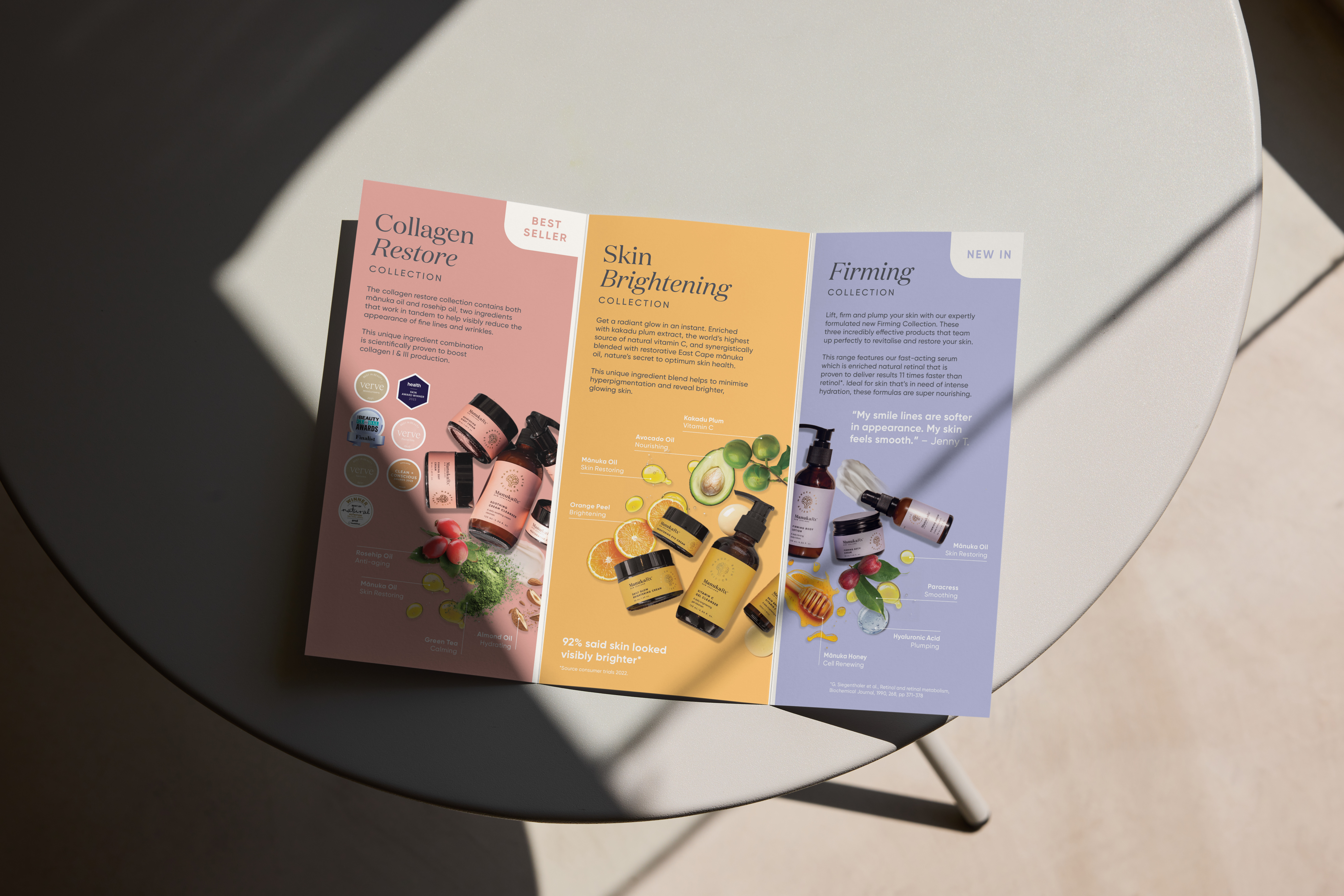 Three colourful ManukaRx brochures on a round table