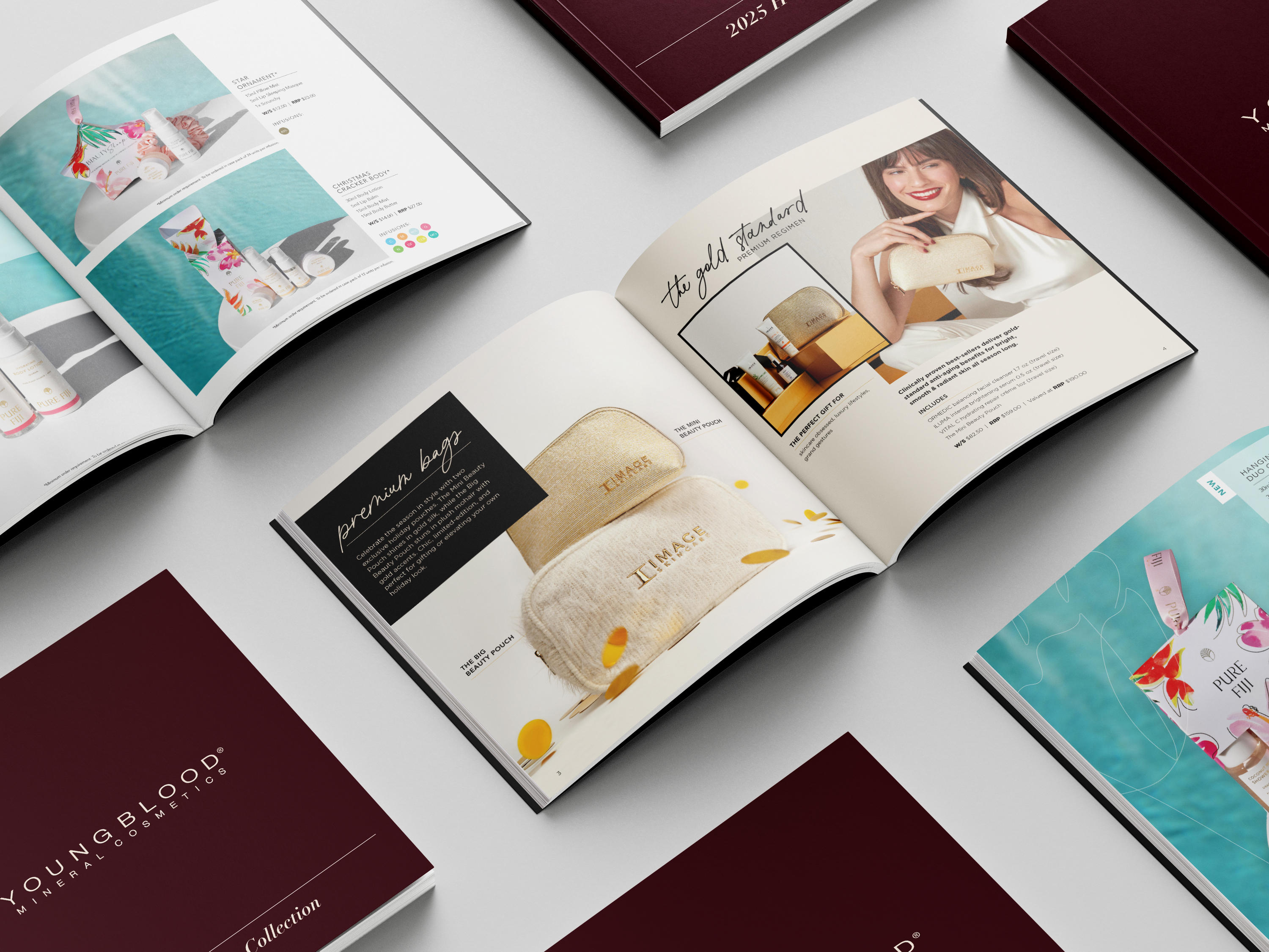 Image, Youngblood and Pure Fiji retail catalogues arranged on a white surface