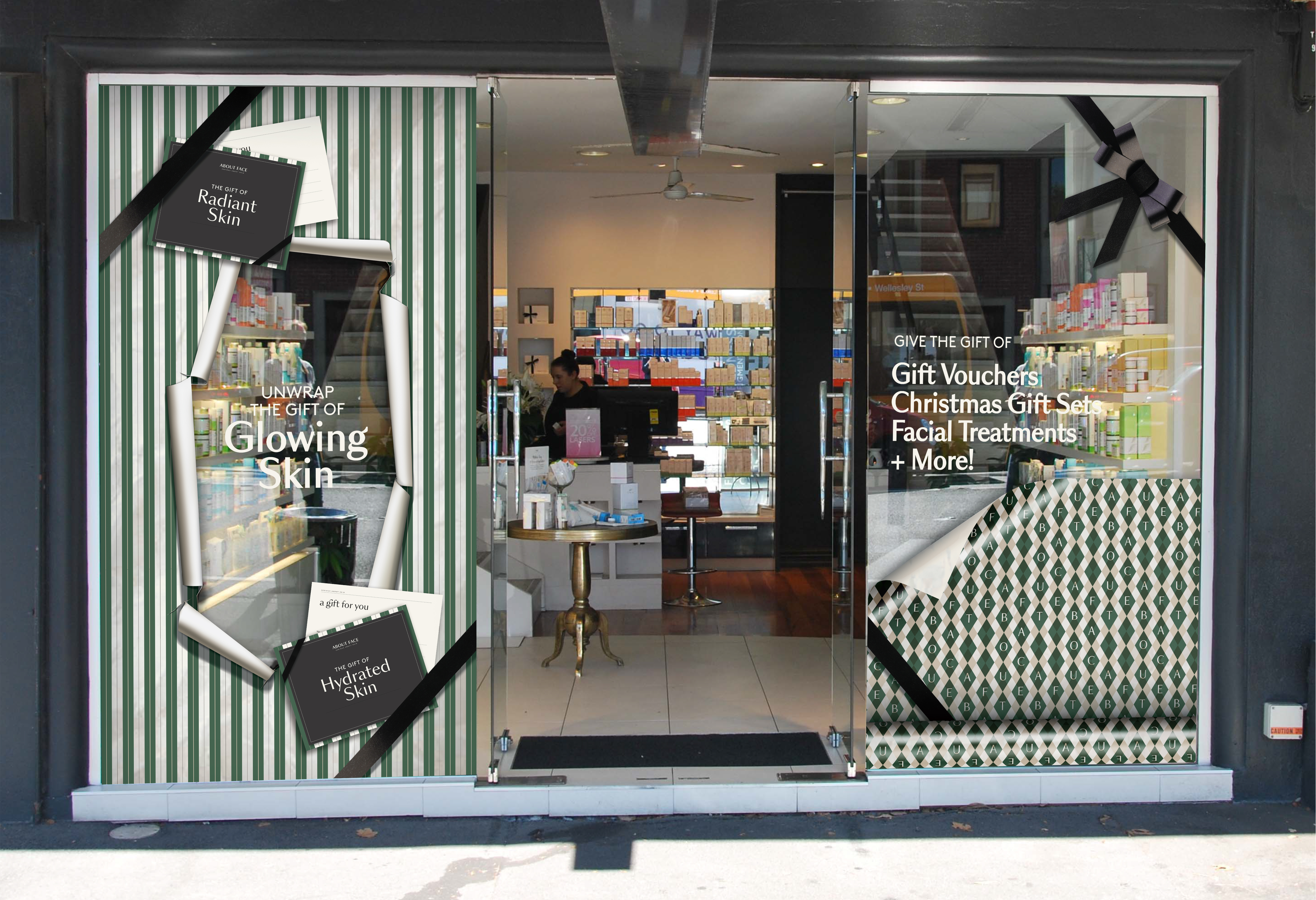 About Face Christmas campaign installed across the Ponsonby clinic storefront