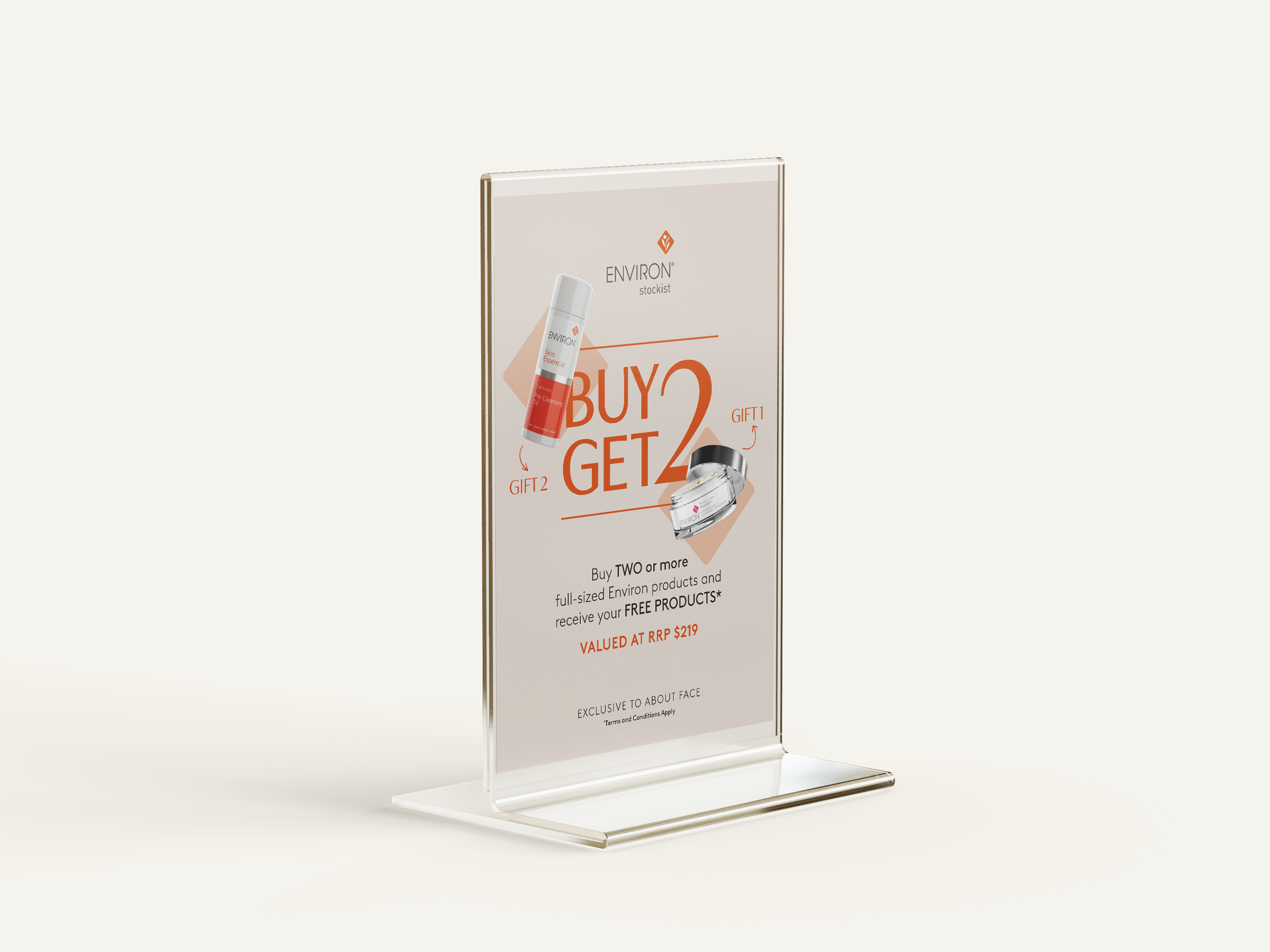 Environ Buy 2 Get 2 acrylic counter sign mockup