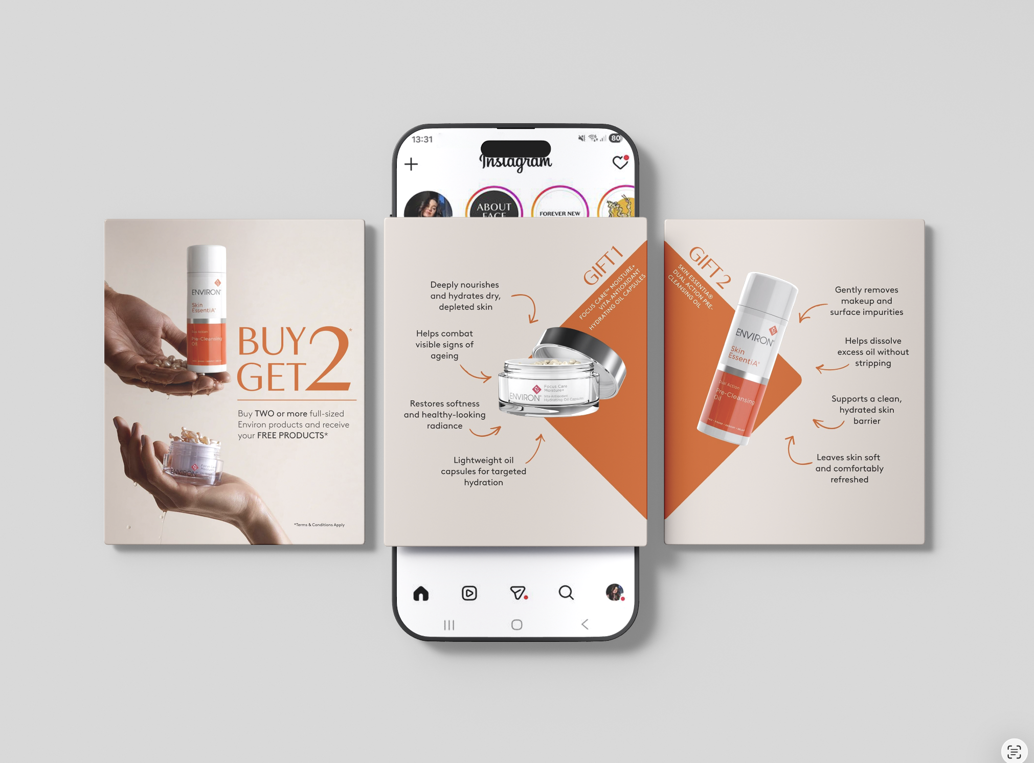 Environ Buy 2 Get 2 social carousel displayed with an Instagram phone mockup
