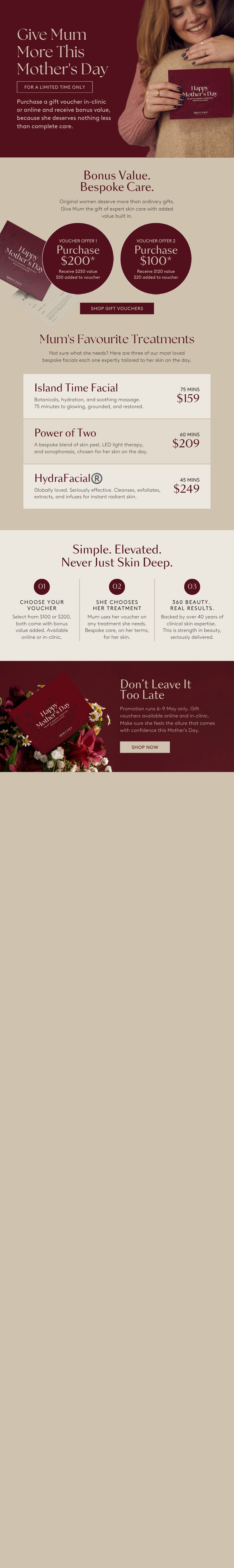 Long-form About Face Give Mum More Mother’s Day campaign email