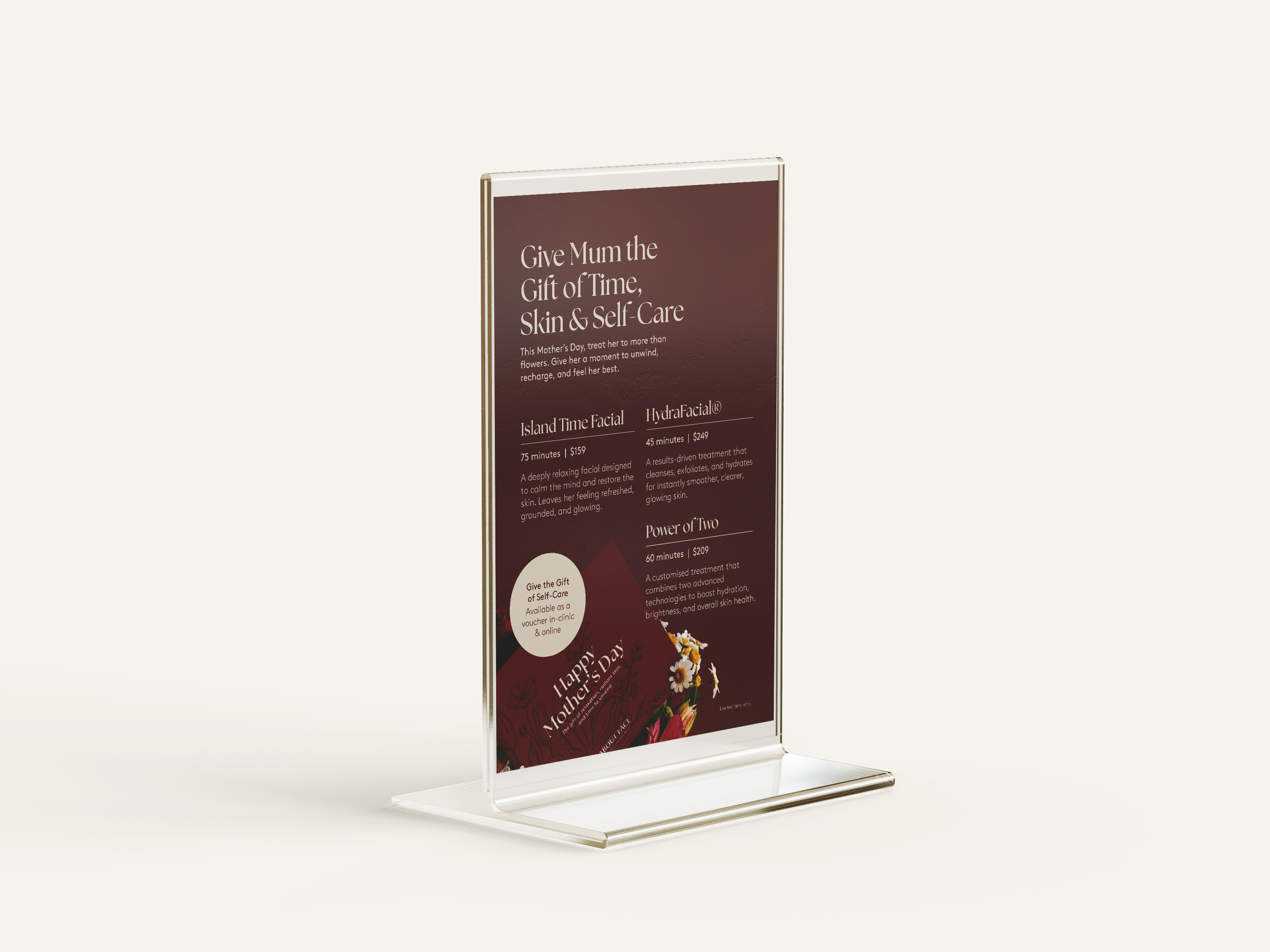 Mother’s Day treatment menu displayed in an acrylic counter sign