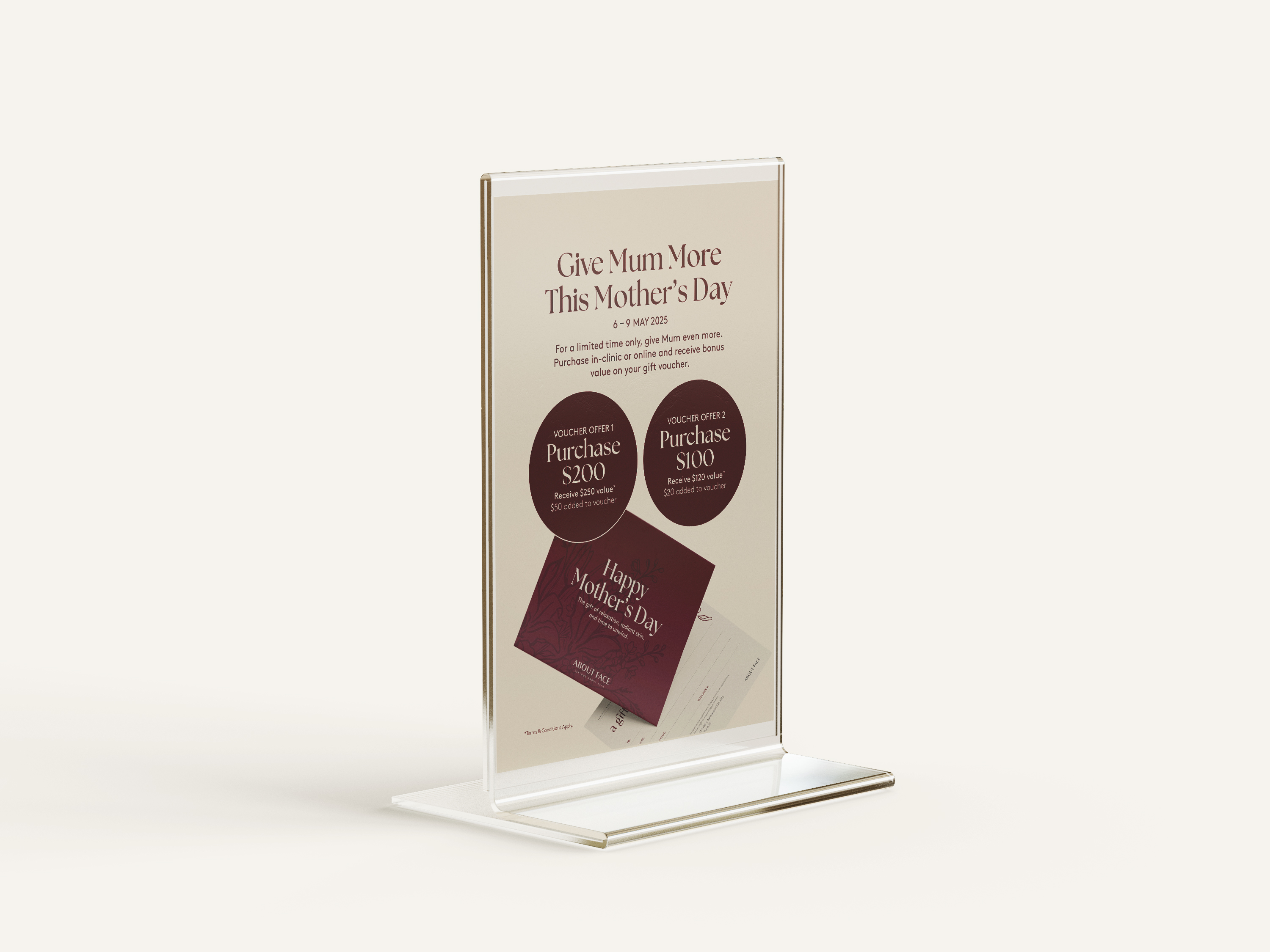 Mother’s Day voucher offer displayed in an acrylic counter sign