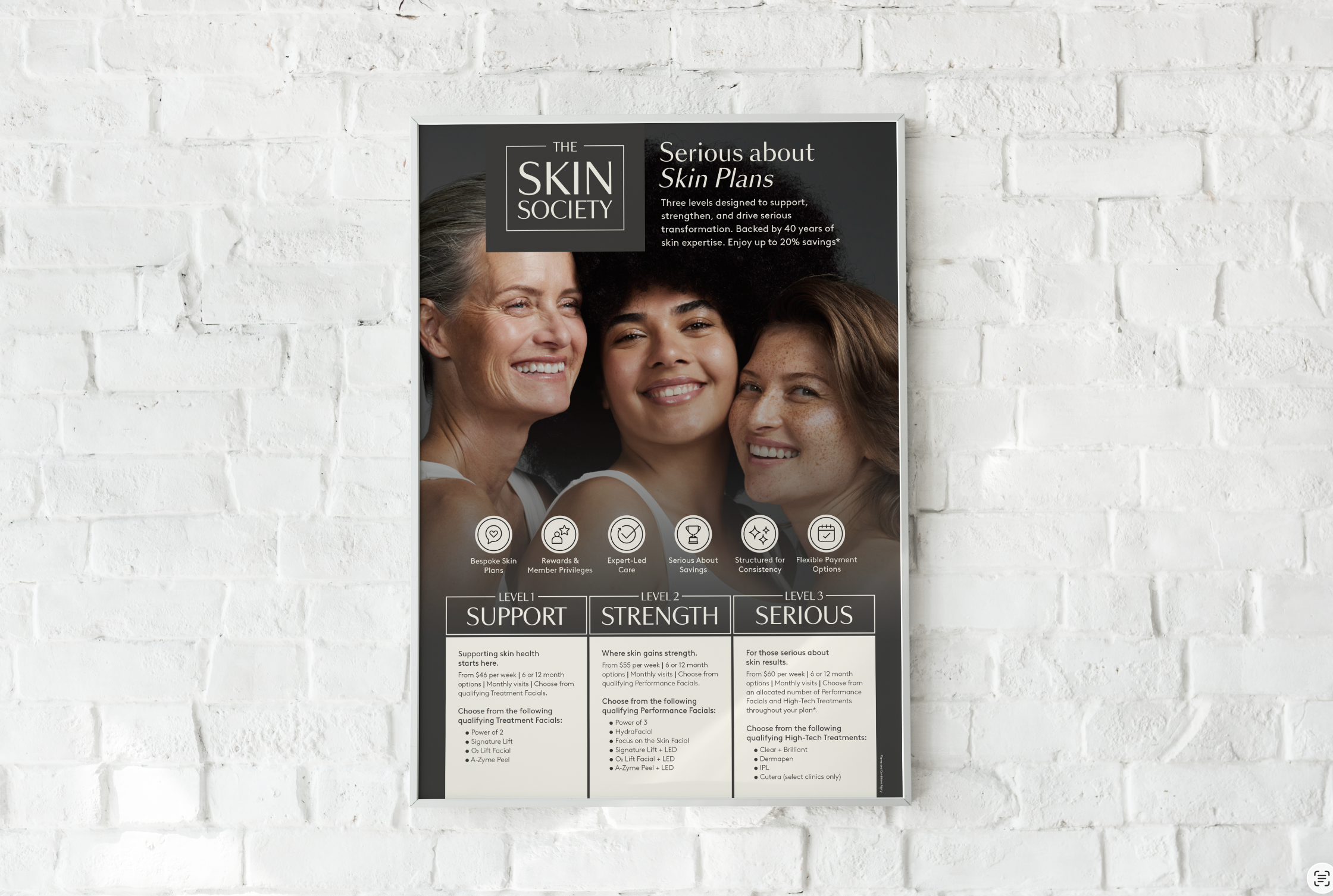 Skin Society poster mounted on a white brick wall