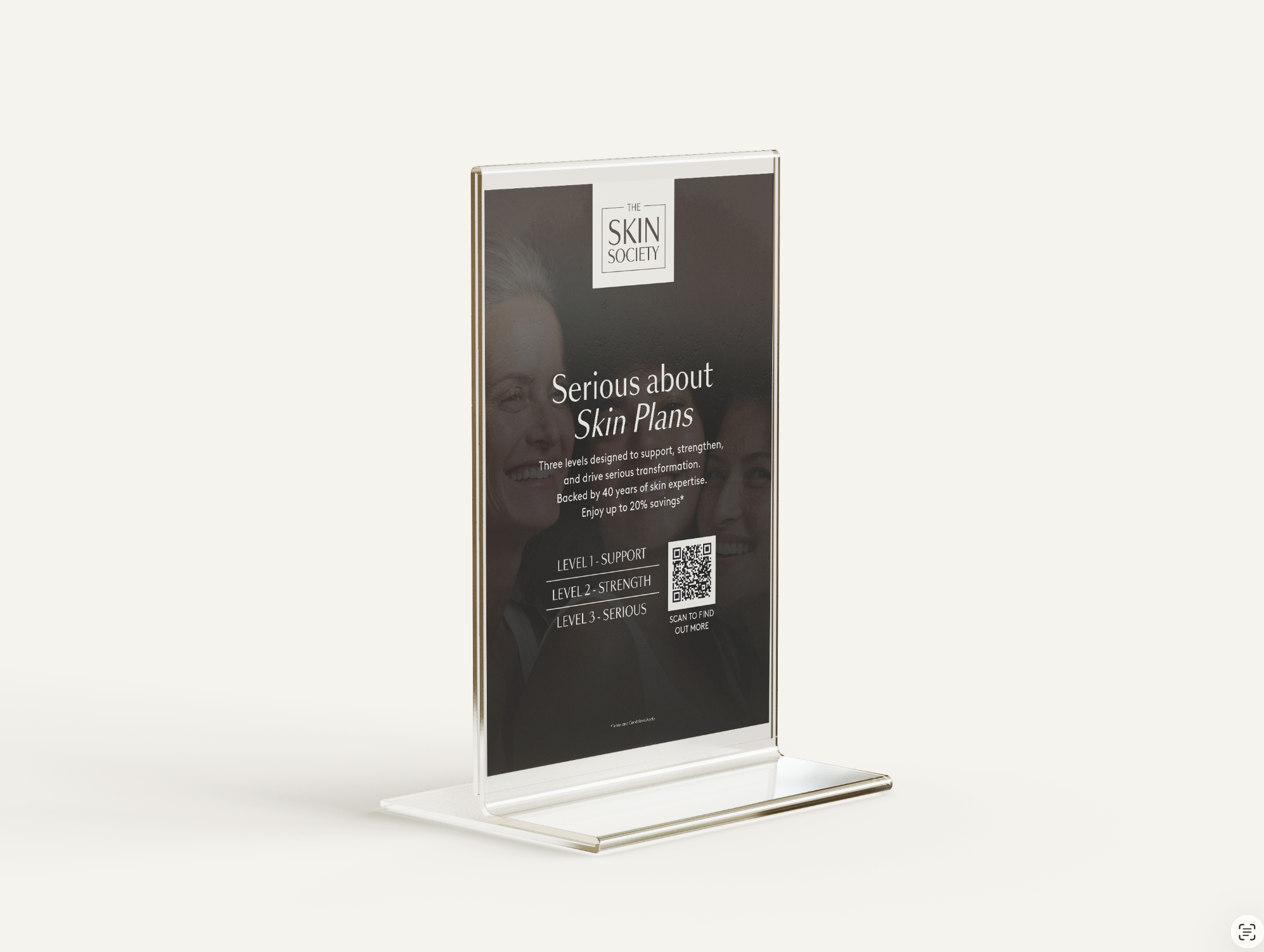 Skin Society membership overview in an acrylic counter display