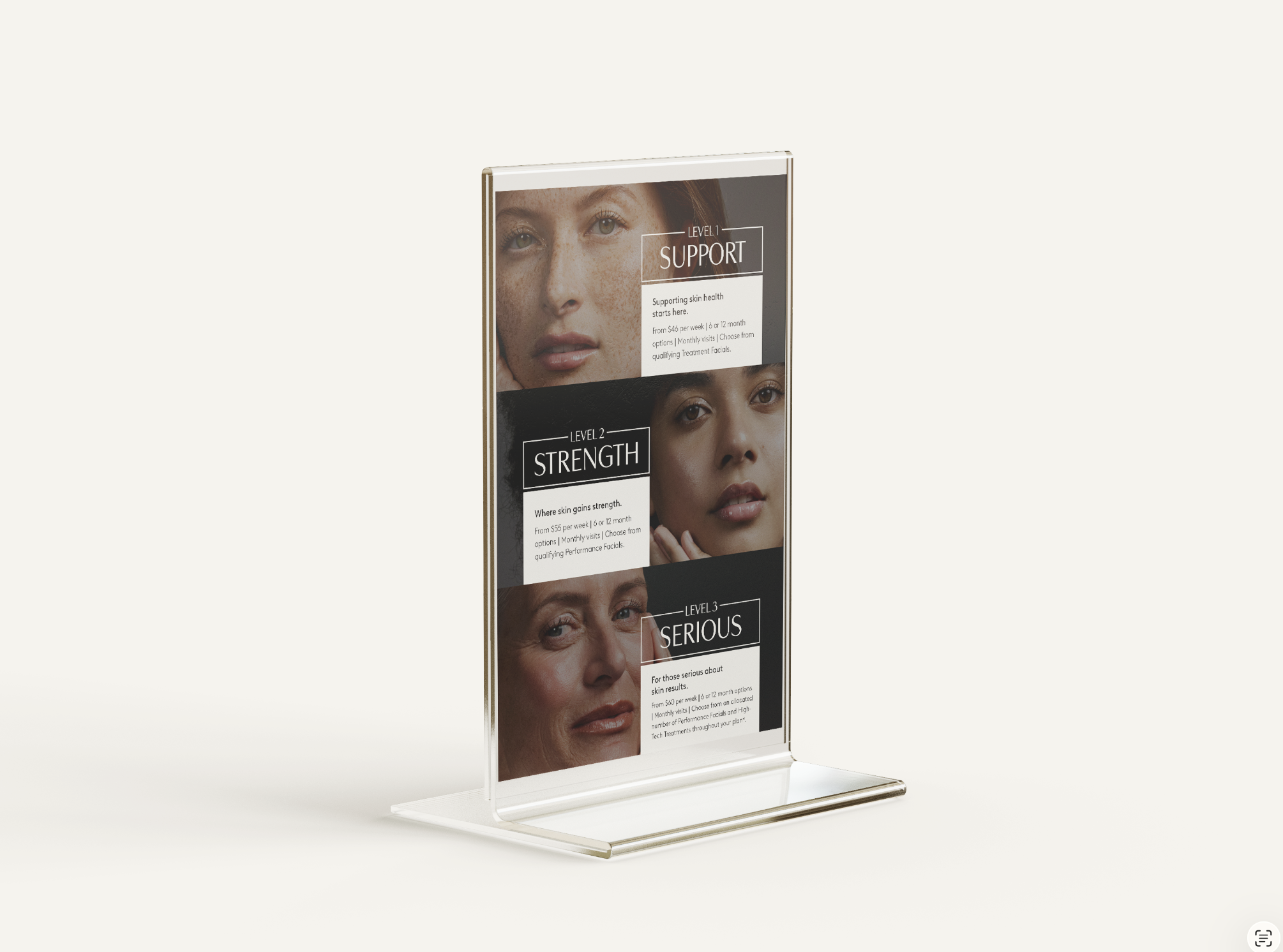Skin Society Support, Strength and Serious tiers in an acrylic counter display