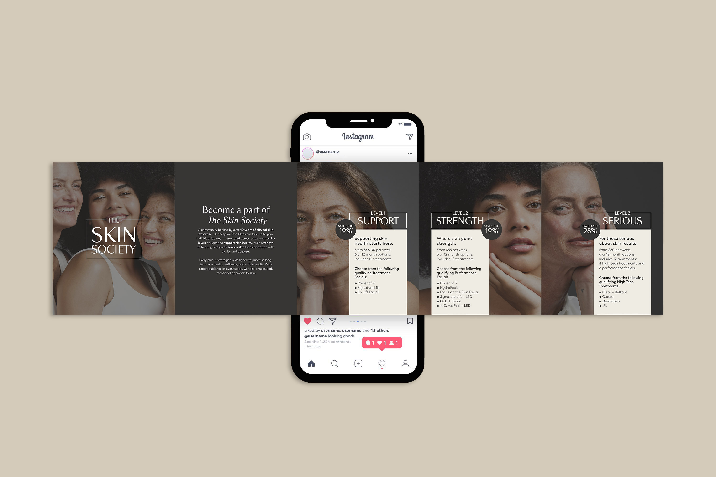 Skin Society social carousel displayed with an Instagram phone mockup