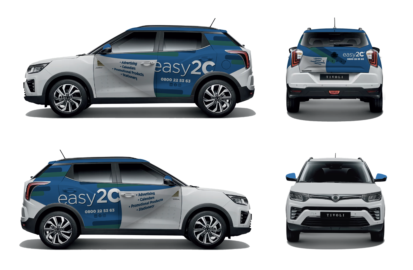 easy2C car decal presentation showing the vehicle from four angles