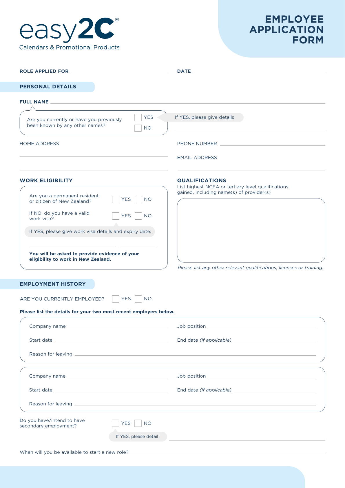 easy2C Employee Application Form
