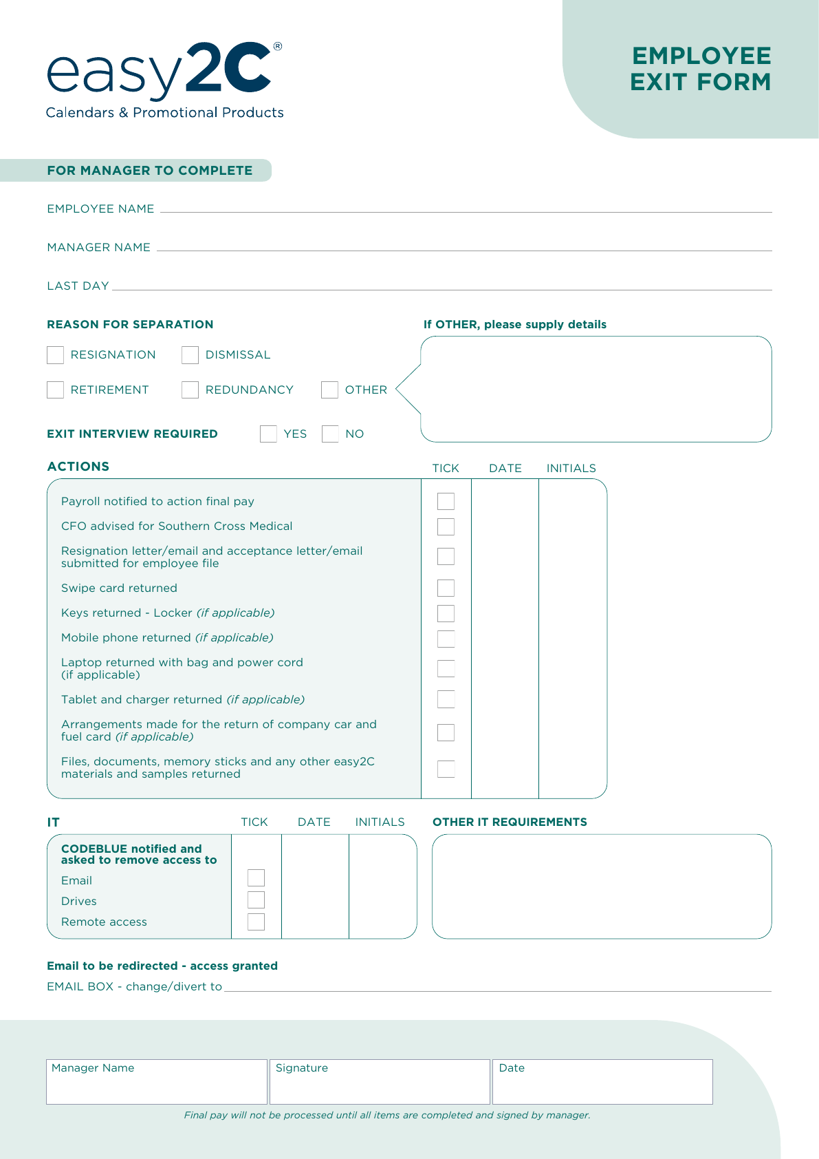easy2C Employee Exit Form