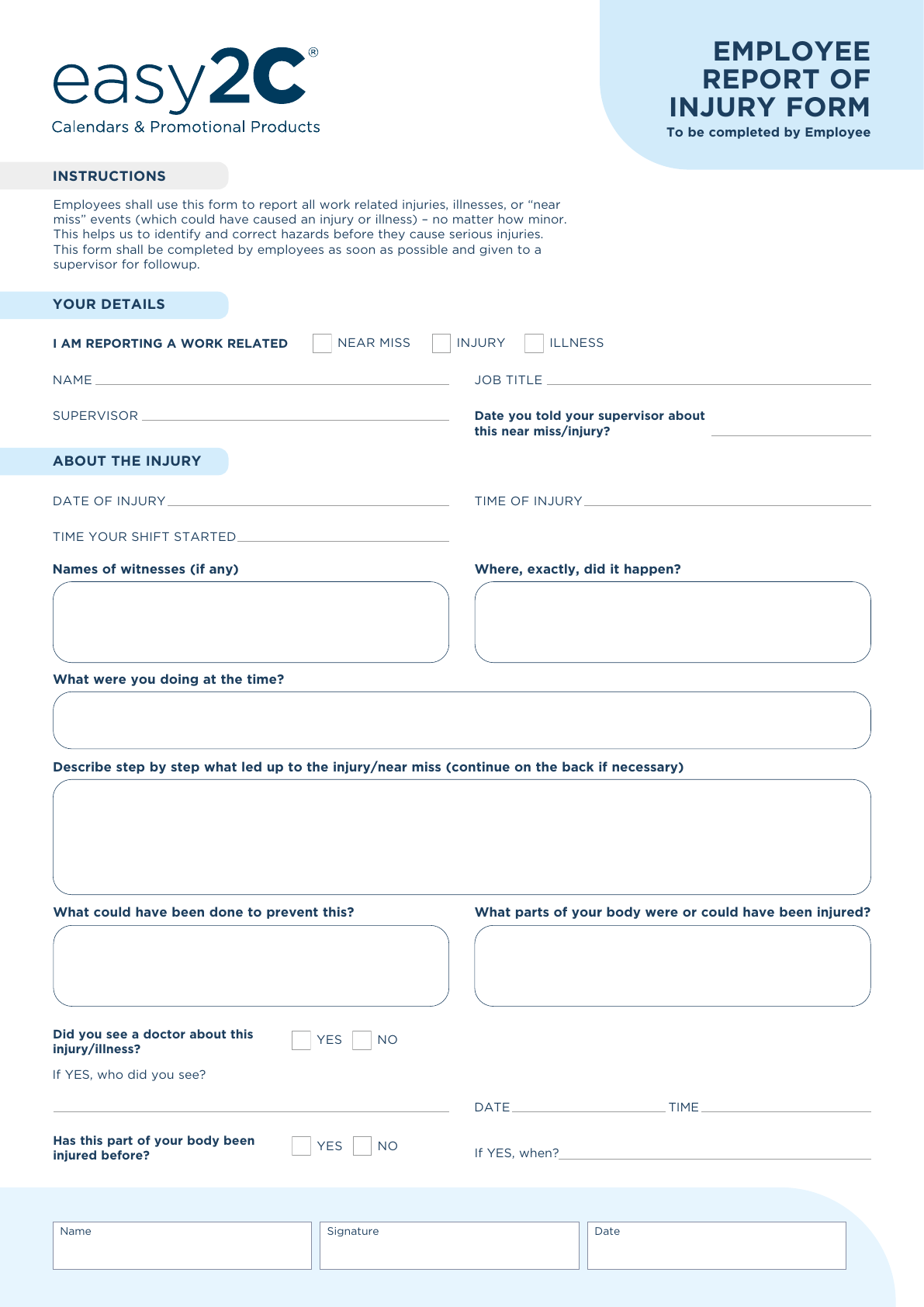 easy2C Employee Report of Injury Form