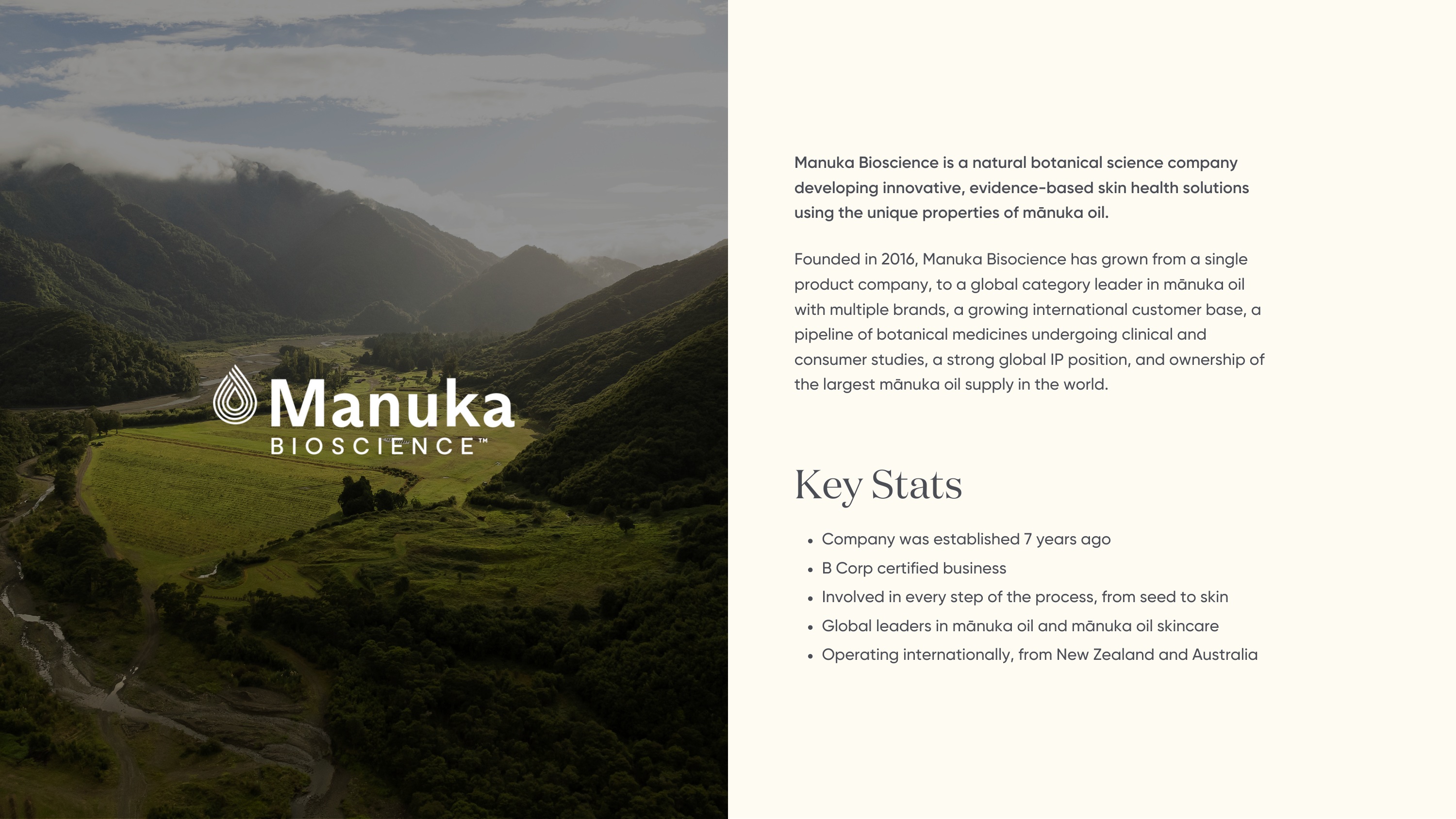 Mānuka Bioscience landscape presentation slide