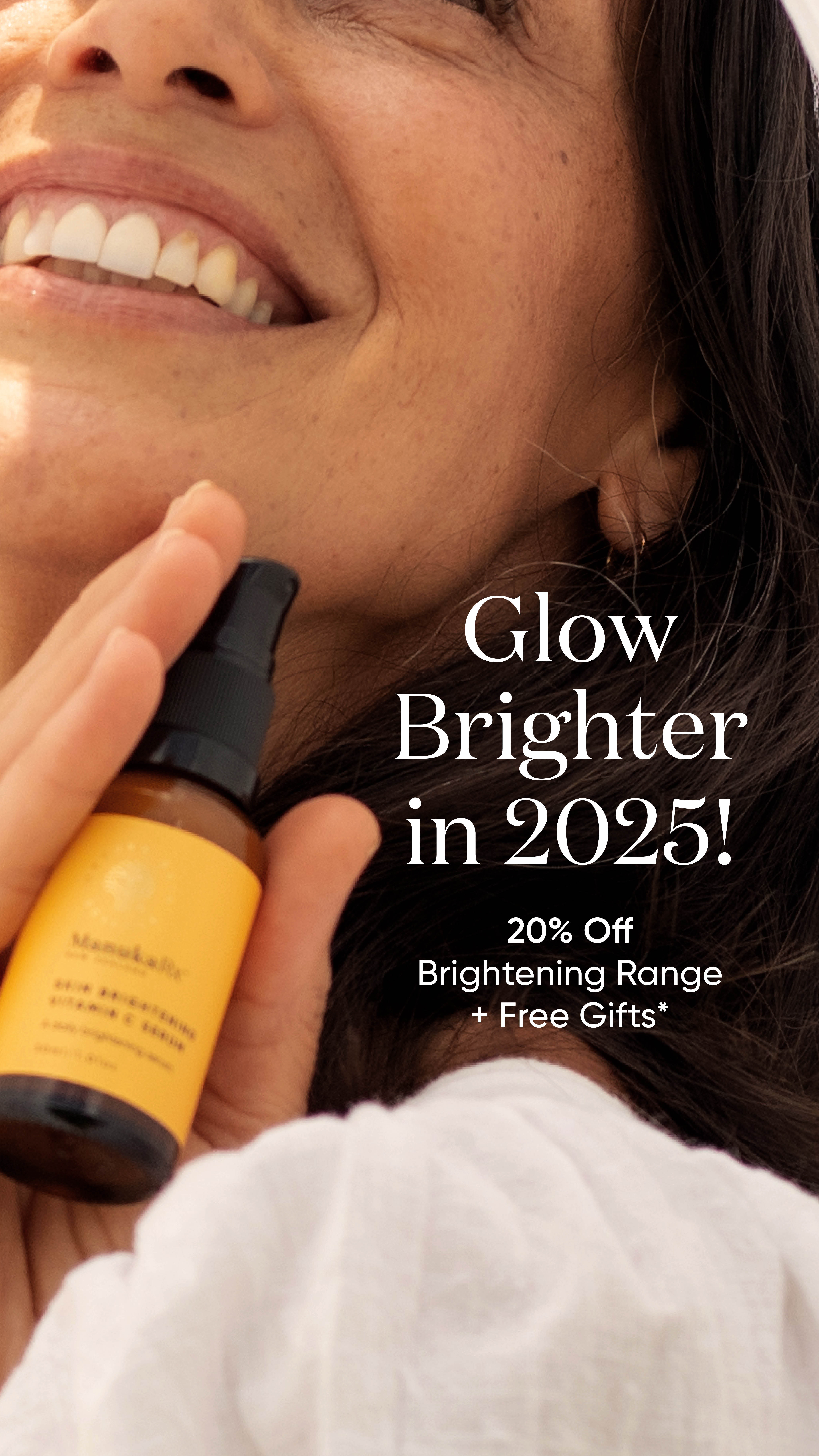 ManukaRx Glow Brighter in 2025 campaign featuring a smiling model