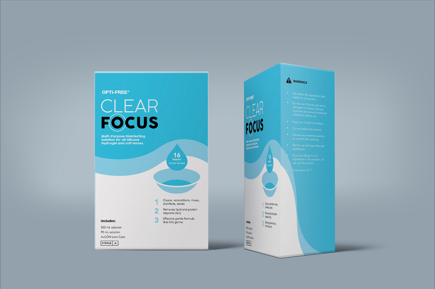 Clear Focus contact lens solution packaging mock-up
