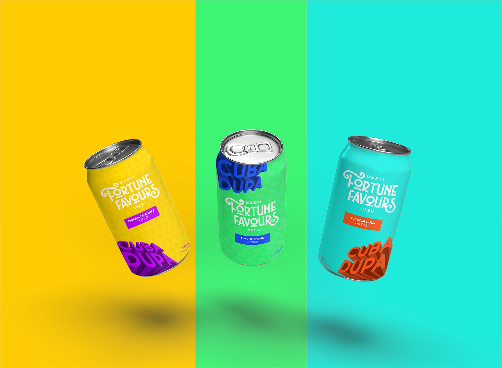 Three colourful Cuba Dupa beer-can designs