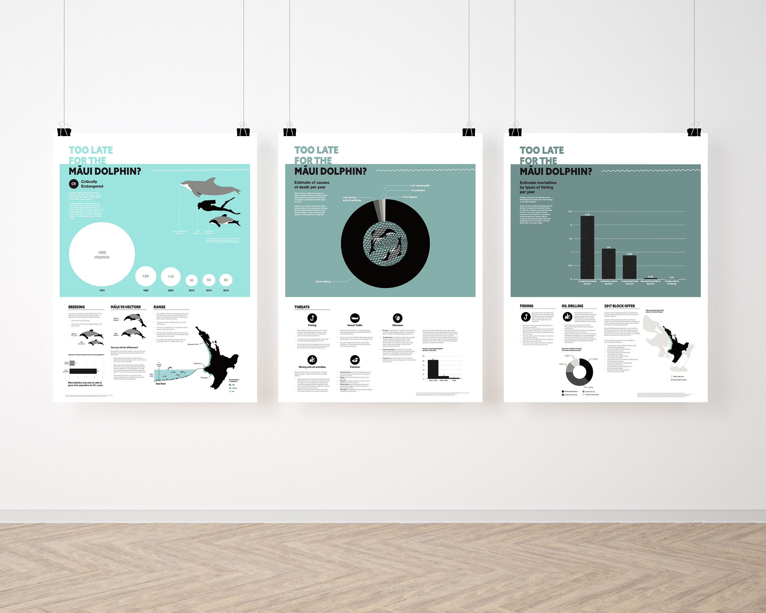 Three Too Late for the Māui Dolphins posters displayed on a gallery wall