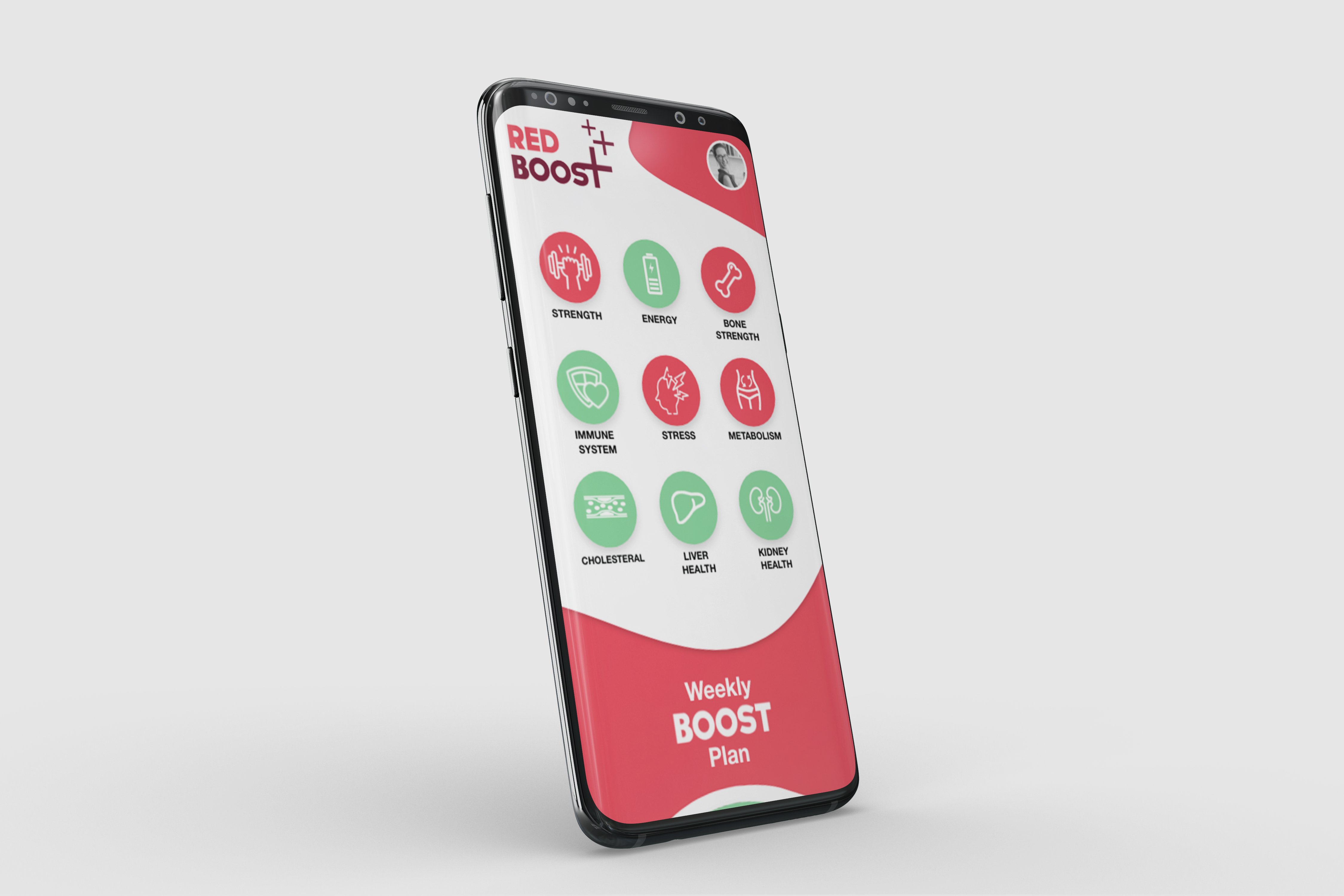 Red Boost mobile app displayed on a phone mock-up